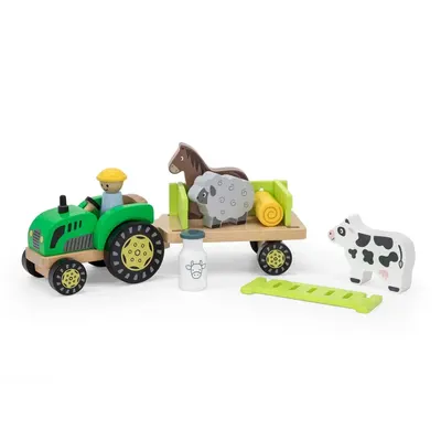 Дървена играчка - Трактор с фермер и животни