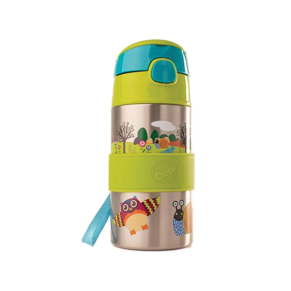 Бутилка за вода със сламка, Oops, Неръждаема стомана, Зелена, 400ml