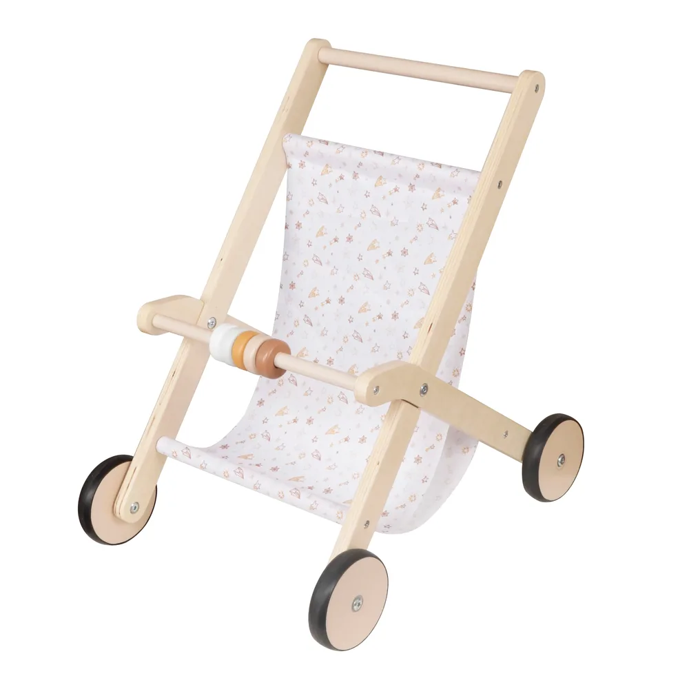 Детска Дървена Количка за Кукли GINGER HOME с Мек Текстилен Кош, Натурално Дърво, 34x46x49.5 см