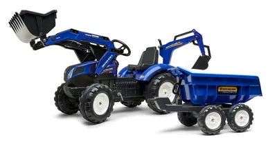 Детски багер с две гребла, ремарке и педали New Holland - син