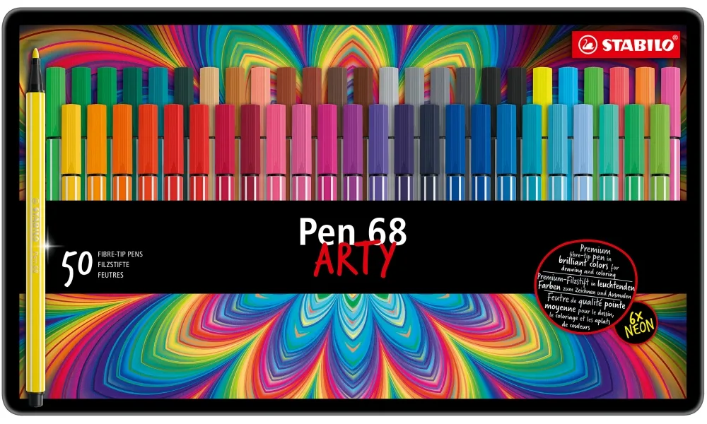 Комплект флумастери, Stabilo, Pen 68 Arty, метална кутия, 50 части