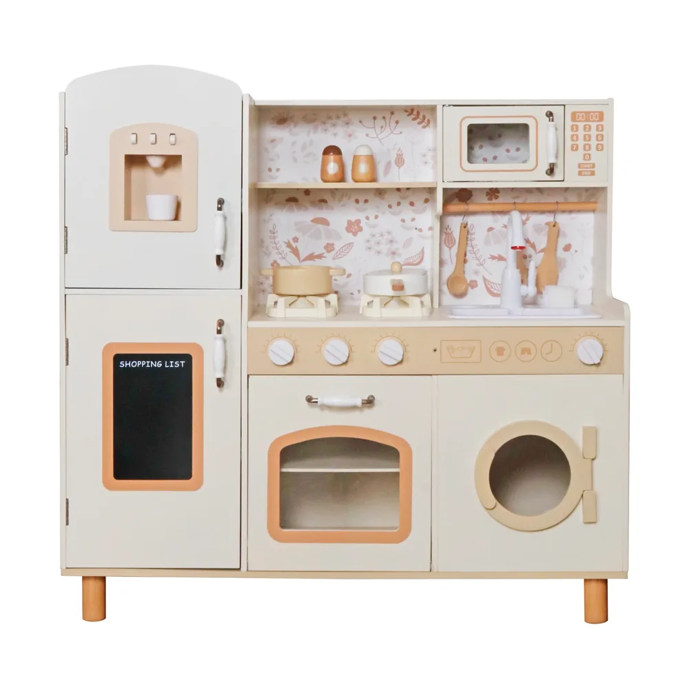 Детска Дървена Кухня GINGER HOME – Винтидж Модел с Електронни Котлони, Светлини, Звуци и Мивка с Течаща Вода, 91×31×90 см