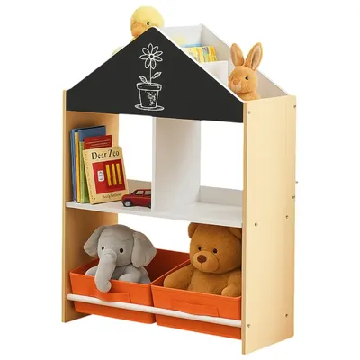 Етажерка за Играчки и Книжки GINGER HOME, Черна Дъска за Писане, Къщичка, Дърво