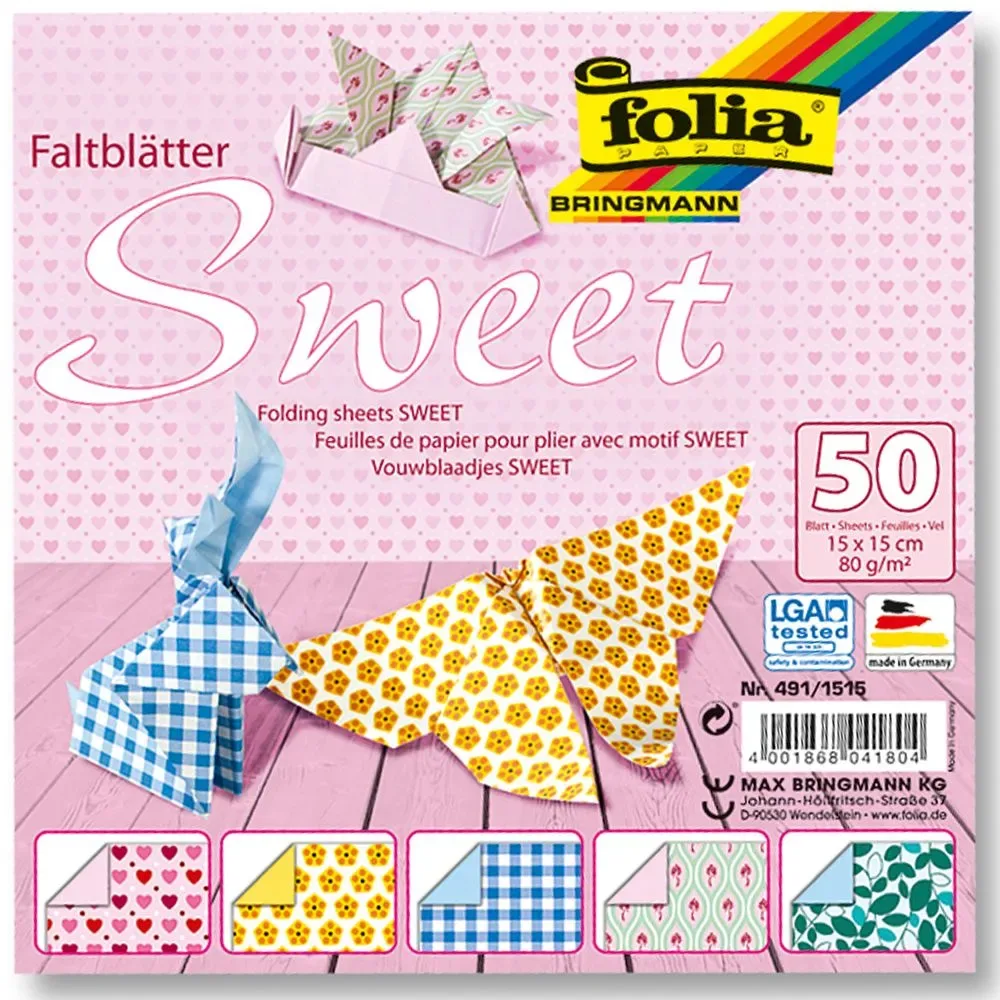 Блокче цветни хартии за оригами SWEET, 50 листа, 15 х 15 см