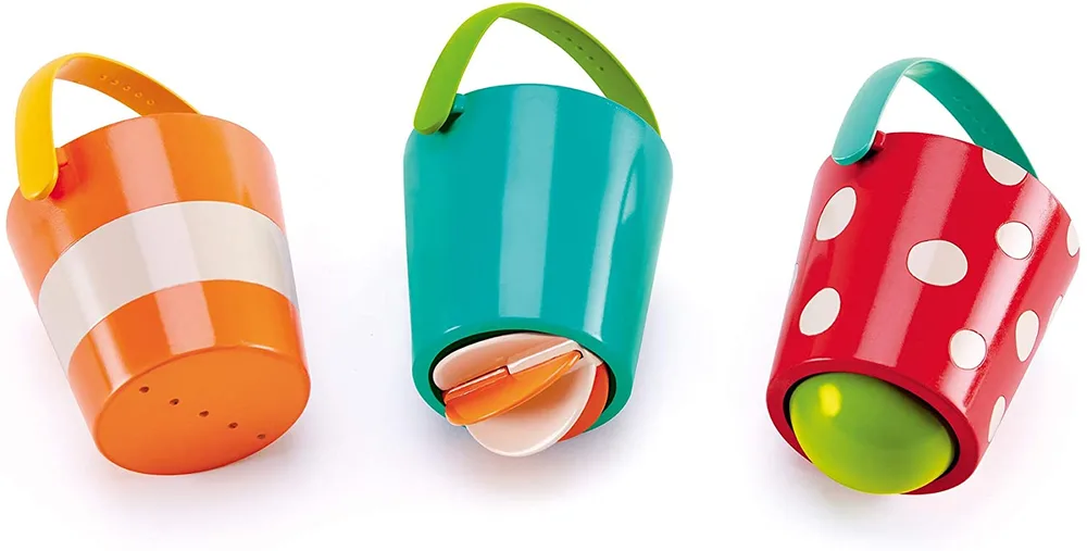Комплект играчки за баня, Hape, Шарени кофички, 3 броя