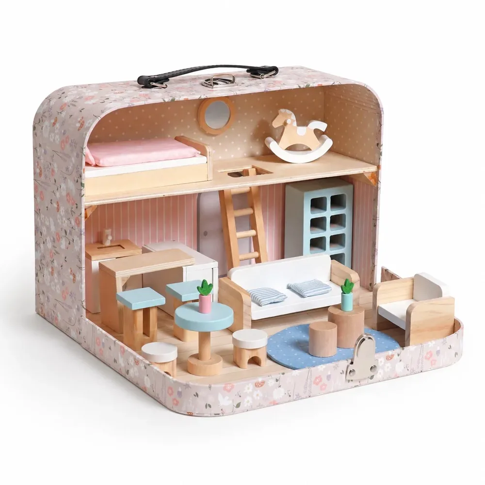 Детска Дървена Къща Куфар GINGER HOME, Преносима Мини Къща за Кукли с Мебели и Аксесоари, Розова, 30.5x20.5x10.5 см