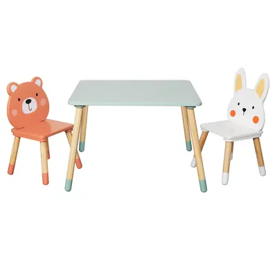 Детска Дървена Маса с 2 Столчета GINGER HOME – Мече и Зайче, Комплект за Игра и Учене