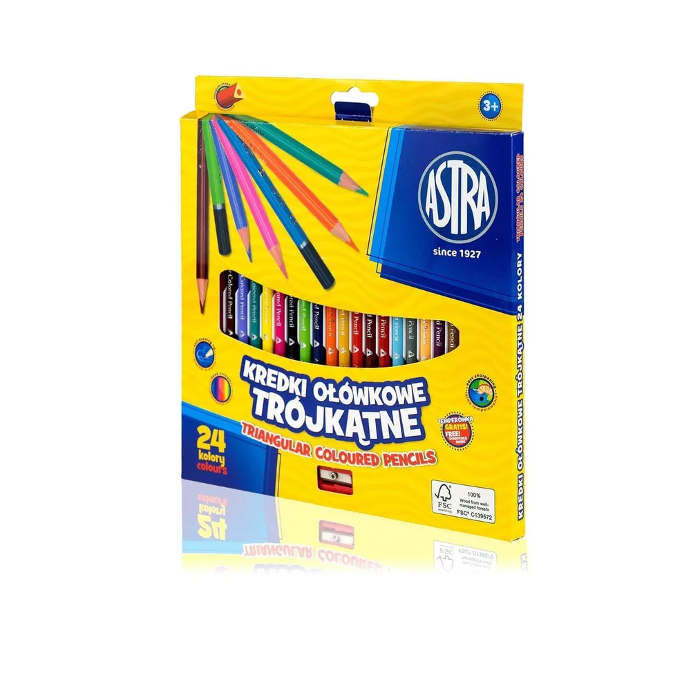 Комплект цветни моливи, Astra, Tриъгълни, 24 цвята с острилка