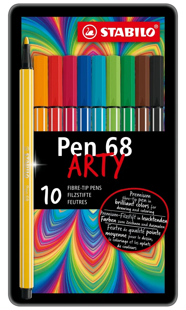 Комплект флумастери, Stabilo, Pen 68 Arty, метална кутия, 10 цвята