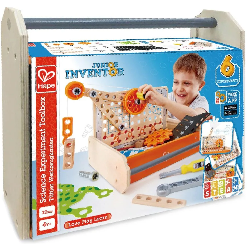 Игрален комплект, Hape, Дървена кутия с инструменти, Млад изобретател, 32 части