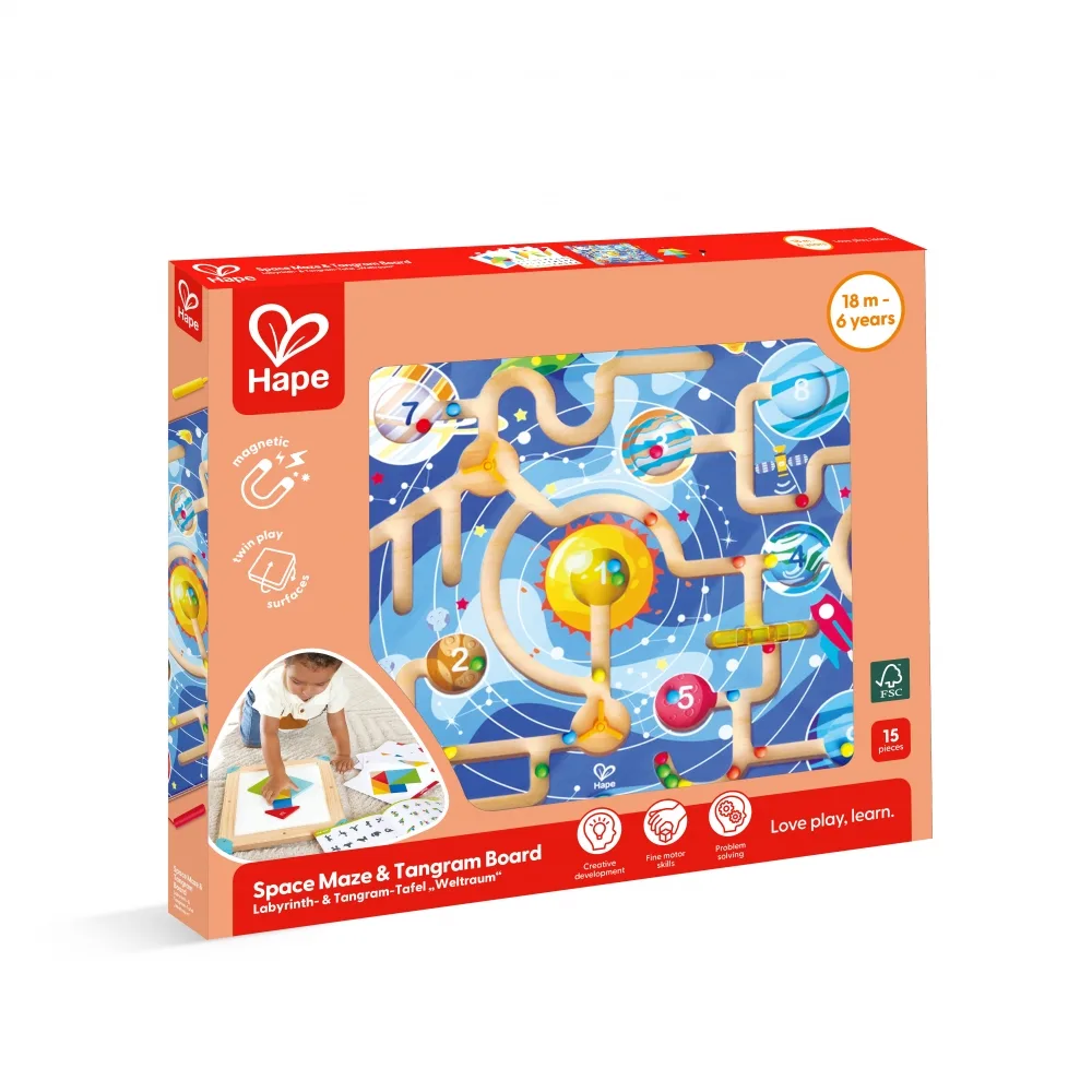 Дървен комплект за игра 2 в 1, Hape, Космически лабиринт и дъска танграм, 15 части