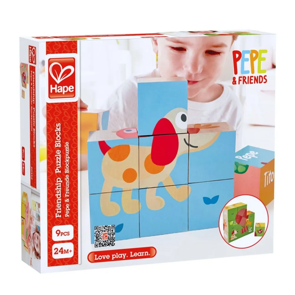 Дървен пъзел с кубчета, Hape, Приятелство, 9 части