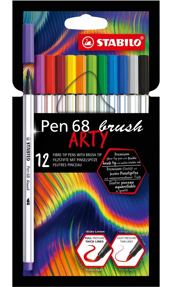 Комплект флумастери, Stabilo, Pen 68 Brush Arty, 12 цвята