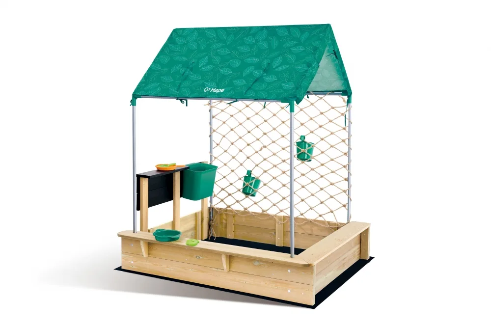 Комплект дървена къщичка пясъчник, Hape, 10 части, 120 x 125 x 92 см