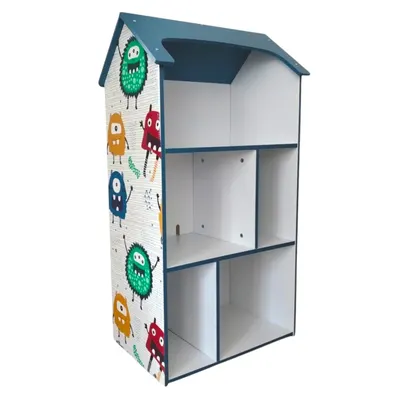 Детска етажерка GINGER HOME - Къщичка MONSTER, Синя за съхранение на играчки и книжки