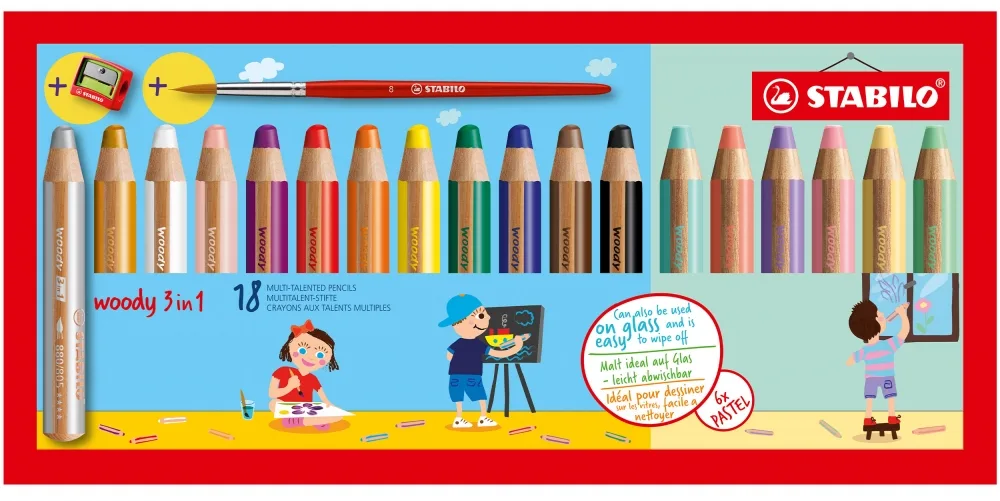 Комплект цветни моливи, Stabilo, Woody 3 в 1 Pastel + острилка + четка, 18 цвята