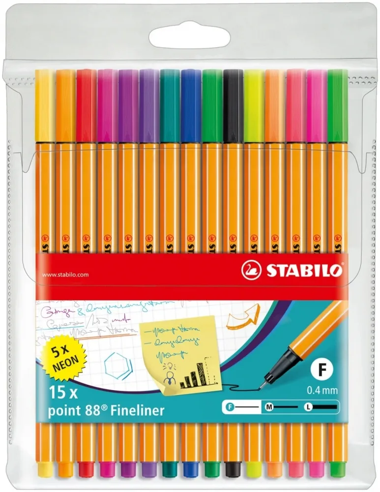 Комплект тънкописци, Stabilo, Point 88, 15 цвята