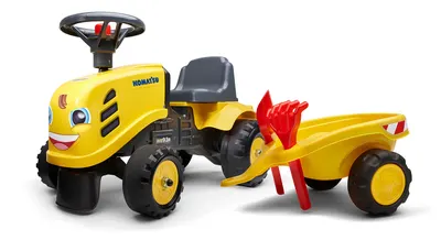 Детски трактор с ремарке Komatsu, гребло и лопатка - жълт