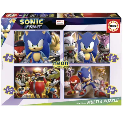Прогресивен пъзел, Educa, Sonic Prime 4 в 1 Neon, 50/80/100/150 части