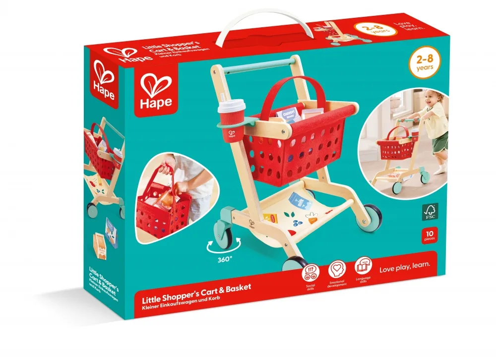 Дървен комплект за игра 2 в 1, Hape, Пазарска количка и кошница